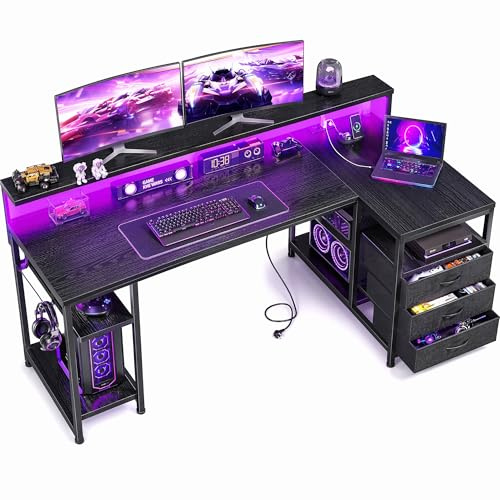 Klyvvo 140x80 cm Forma de L Escritorio con LED para Juegos,Trabajo,Estudiar
