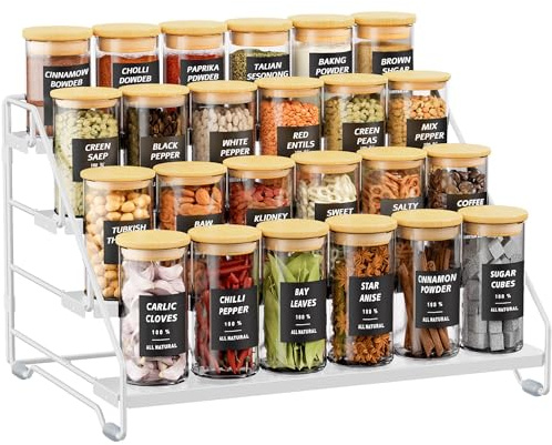 Gucass 4 Etagen Gewürzregal Stehend, Metall Gewürzständer Einstellbar Ohne Bohren, Gewürzhalter Spice Rack Organizer für die Küche, Schrank und Arbeitsplatte, Küchenregal für Platzsparende(Weiß)