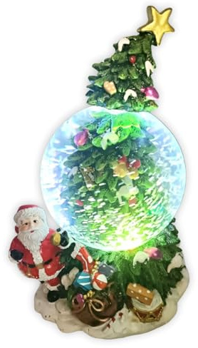 Area Illumina Sfera di Neve Natalizia con Albero e Decorazioni, Ampolla in Vetro e Resina, Base Luminosa, 20x12 cm
