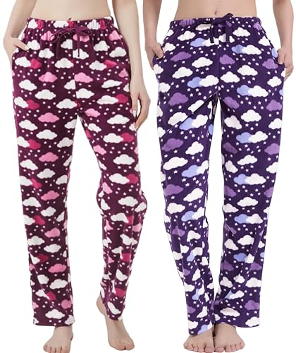 iceBoo Pantaloni pigiama da donna in pile a quadri, con tasche e coulisse regolabile in vita, lavabili in lavatrice