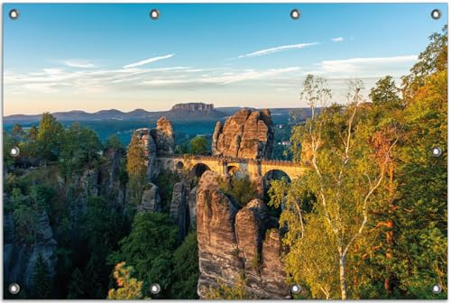Wallario Outdoor-Poster für Garten oder Balkon Steinerne Brücke in der Landschaft, Motivbanner Größe: ca. 80 x 120 cm, Outdoor-Bild
