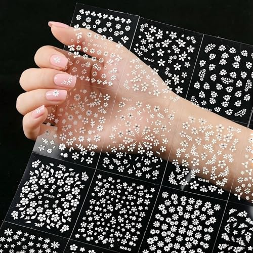 Larfraecy 30 Sheets White Flower Nail Stickers Self-Adhesive Plastic Decals for Nails Art Small Floral Rhinestones Summer Floral Nail Supplies for Women Girls