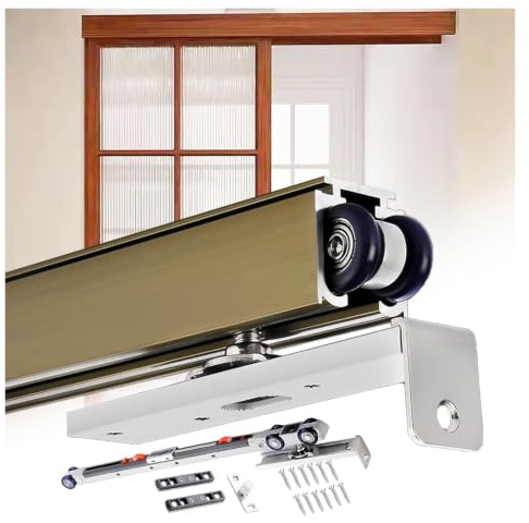 Binario per porte scorrevoli, Kit binario con chiusura ammortizzata for porta scorrevole bypass(Champagne,270cm/8.9ft)