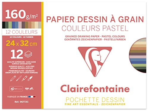 Clairefontaine - 96772 - 1 Pochette de 12 feuilles Couleurs Pastels Assorties - papier dessin - 24x32cm 160 g
