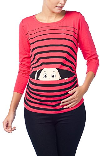 M.M.C. Umstandsshirt Langarm Damen mit Guck-Guck-Motiv – Umstandsmode T-Shirt für die Schwangerschaft, mitwachsende Raffung, 95% Baumwolle