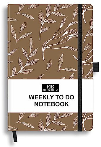 Ricco Bello Hardcover undatierter Wochenplaner Checkliste Notizbuch, Füllfederhalterfreundlich, Stiftschlaufe, Lesezeichen, Aufbewahrungstasche, dickes Papier (braunes Blatt)