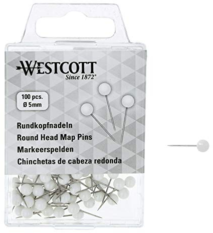 WESTCOTT Rundkopfnadeln, 100 Stück, 5 mm Durchmesser, 16 mm lang, weiß, E-10501 00