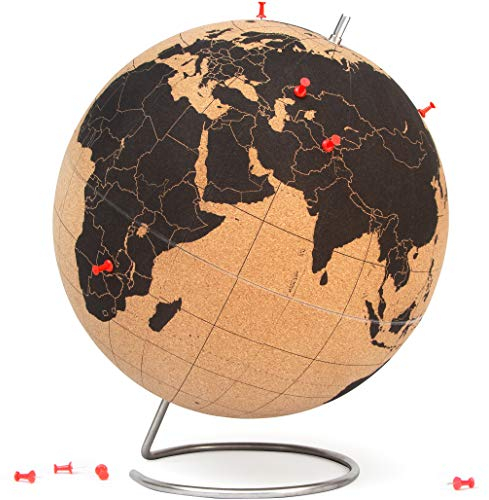 SUCK UK Extra großer originaler Schreibtisch-Globus aus Kork, Pinnnadeln enthalten, Bildungsweltkarte, Reisezubehör, Abenteuer- und Erinnerungen, extra groß, 32 cm Durchmesser