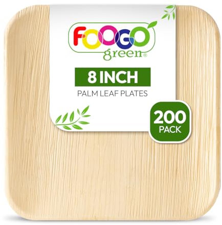 FOOGO Green 200pcs Disposable Palm Leaf Plates, 8(20cm) Medium Square, Eco Biodegradable Compostable Like Wooden, Bamboo, Paper Plates for Hot Food, Picnic Wedding Parties