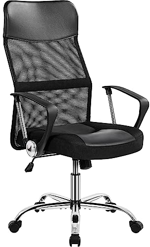 Yaheetech Bürostuhl, ergonomischer Schreibtischstuhl, Drehstuhl mit gepolsterter Sitz, höhenverstellbar Computerstuhl, Hohe Netzrückenlehne, bis 135 kg belastbar, Große Sitzfläche Schwarz