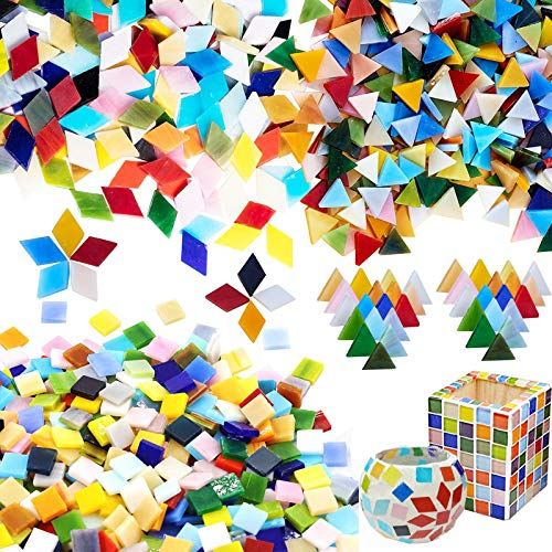 Allazone Mosaiksteine Bastelmix, Mosaikglasstücke Mischfarbe für Basteln, Heimdekoration, Teller, Bilderrahmen, Blumentöpfe, Handgefertigten Schmuck, Diamant, Quadrat, Dreieck