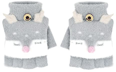 Fäustlinge mit Knopf Klappe Fingerlose Handschuhe für Kinder Winter Warm Strickhandschuhe Plüschfutter Winterhandschuhe Jungen Mädchen (Eule-Grau)