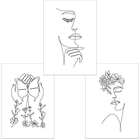 ChicResult Line Art 3er Wandbilder Set BLUMEN - Wanddeko Wohnzimmer, Poster Set, Schwarz Weiß Bilder, Aesthetic Bilder, Schlafzimmer Deko (3x DIN A4 ohne Bilderrahmen)
