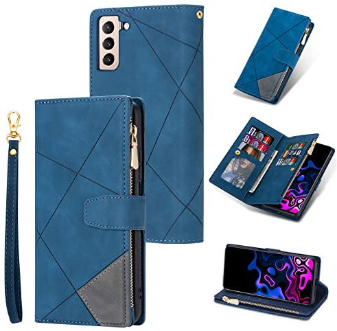 UEEBAI Coque pour Samsung Galaxy S21 5G, Etui en Cuir PU Portefeuille Rétro Antichoc Flip Case Anti-Choc Housse avec Fentes de Cartes Fonction Support, Fermeture Magnétique - Diamant Bleu