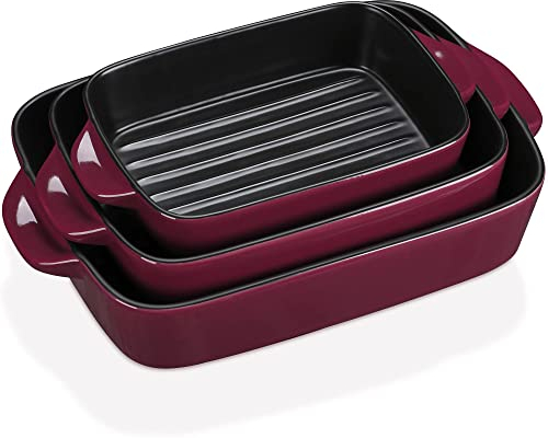 MALACASA, Series Bake.Bake, Ceramic Rectangular Baking Dish Set of 3 (7.5/9/10.5''), Stoneware Table Baking Dish with Handles Ideal for Lasagne/Pie/Casserole/Tapas, Red