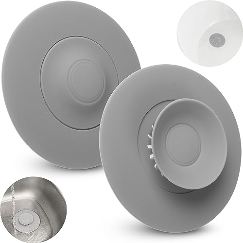 Tappo Lavandino Silicone Grigio, 2 pz, Ø 11 cm, Filtro Scarico Universale, Filtro Incorporato per Rifiuti e Capelli, Per Scarichi Lavelli, Lavabi e Vasche da Bagno con Fori di Scarico Ø 80 mm, sieve