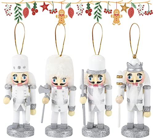 TSLBW 4 Pieces Christmas Nutcracker Ornaments Wooden Nutcracker Soldier Figures Hanging Decorations for Festive Christmas Tree Figures Puppet Toy Gifts White