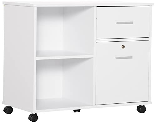 Vinsetto Armario para Impresora Mueble Auxiliar de Oficina con Ruedas con 2 Estantes 2 Cajones y 2 Frenos Carga 30 kg para Salón Cocina Estudio 80x40x66,5 cm Blanco