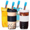 Spurtar 4er 720 ml Bubble Tea Becher Set Smoothie Becher mit Regenbogen Strohhalm, Einmachgläser mit Kunststoff Deckel, Wiederverwendbar Bambusdeckel Eiskaffee Glasbehälter Die Geburtstag geschenk