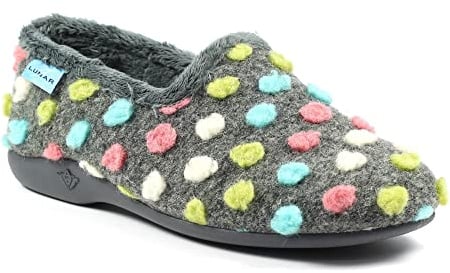 Lunar Ladies' Helix Grey Polka Dot Slippers – Soft Fleece Lining, Slip-On Design, Cushioned Insole, Non-Slip Sole, Cozy Indoor Comfort