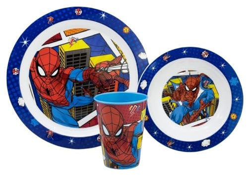Microwave Safe 3pcs Cartoon Character Dinner Tableware Set Plate, Bowl & Cup, BPA Free re-usable Plastic (Spiderman)
