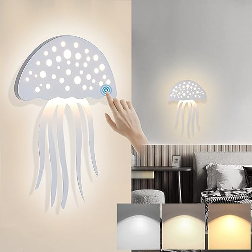 LED Wandleuchte Dimmbar Kinderzimmer Nachttischlampe Touch Control Weiß Wandlampe Modern Innen Wandbeleuchtung Quallen Nachtlicht Kinder Schlafzimmerlampe für Junge Mädchen Babyzimmer Wohnzimmer Flur