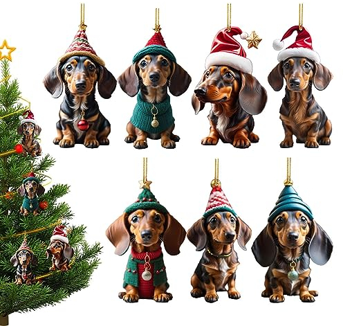 Weihnachtsdeko Anhänger, 7Stück Dackel Weihnachtsanhänger 2D Dackel Weihnachten Deko, Acryl, Christbaumschmuck, Weihnachten Hängende Ornamente, Weihnachtsdekoration
