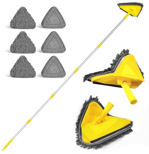 JEHONN Mopa para Limpiar Azulejos y Paredes, Mejorado Fregona Techo Triangular Giratoria 360°, Trapeador Microfibra Extensible hasta 202 cm, Esfregona Fregar Suelos, Ventanas Altos (Amarillo)