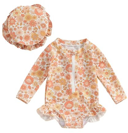 Carolilly Maillot de Bain Une Pièce Bébé Fille à Volant Imprimé Floral, Maillot de Bain Anti-UV à Manches Longues avec Chapeau (6 Mois à 3 Ans) (Orange, 9-12 Months)