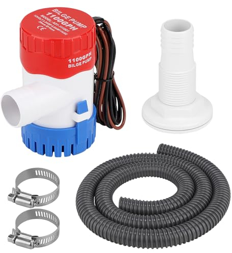 CPROSP Bomba de Achique 12V para Agua 1100GPH con Manguera de φ29mm con 1x 1,88M Manguera Gris y 2 Abrazaderas Silenciosa para Caravanas, Barcos de Pesca, Piscinas Pequeñas y Fuentes
