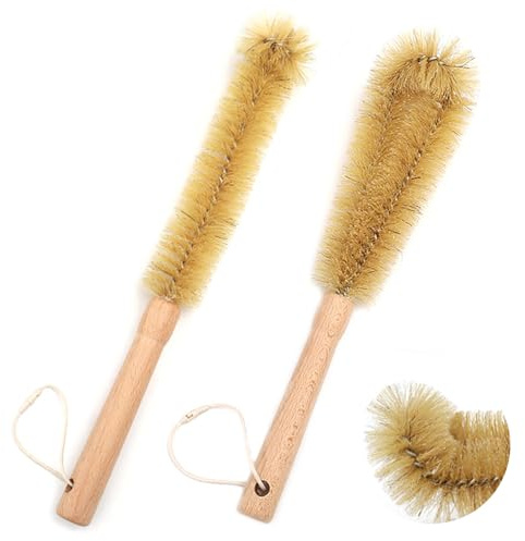 UPTALY 1 brosse à bouteille fine de 32 cm, 1 brosse de cuisine en poils de 31 cm, manche en bois de hêtre, tête coudée, brosse naturelle, pour bouteille d'eau, tasse, bocal, évier, gobelet, verre