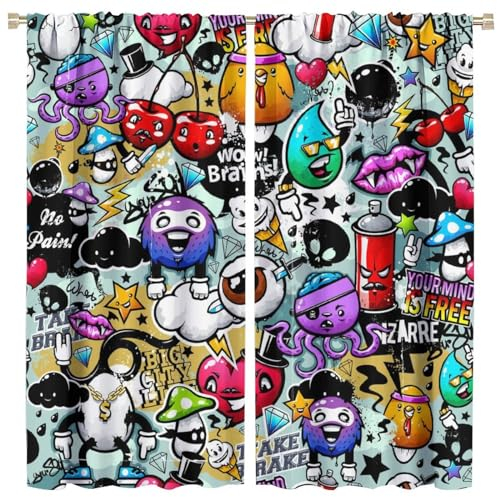 Yoakiet Bunte Graffiti-Vorhänge, moderne abstrakte Kunst, lustig, kreativ, Straßen-Graffiti-Stil, Drucke, Verdunkelungsstange, Tasche, Fenster, Behandlungen, Vorhänge für Teenager, Jungen,