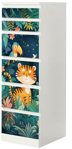 Sunnywall® Möbelfolie passend für IKEA Malm Kommode Schrankfolie Aufkleber mit Wildtiere im Dschungel Motiv | blasenfrei verkleben | Kinderzimmer 6er 40 cm
