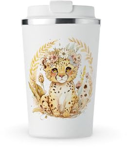 MAXIKIWI Isolierter doppelwandiger, auslaufsicherer Edelstahlbecher, Kaffee- oder Tee-Reisebecher mit Deckel, hält Getränke heiß und kalt, Kawaii Baby Leopard, 350 ml