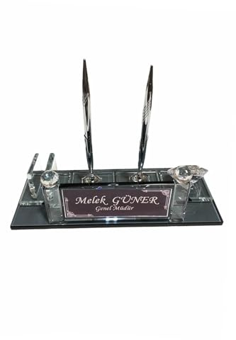 MOOGCO Benutzerdefiniertes Namensschild für den Schreibtisch: schwarzes Glas-Namensschild mit Uhr, Stifthalter mit 2 Stiften, Kartenhalter – Desktop, Schreibtisch (Schwarz mit Uhr und Karte)