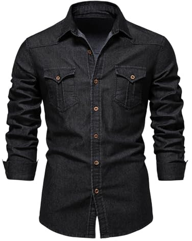 Camisa de mezclilla para hombre de manga larga sin contracción, cuello grande, elástica, con botones, resistente, con cuello abotonado, diseño liso, bolsillos dobles en la parte delantera, camisa de