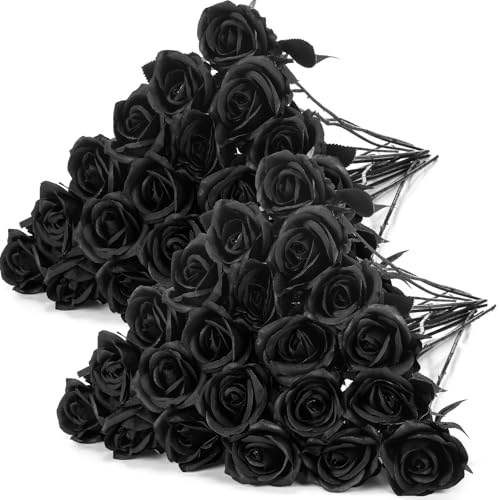 Hotop Künstliche Rosen mit langem Stiel, Blumenstrauß, realistische Seidenrosen, für Zuhause, Hochzeit, Tafelaufsatz, Party, Tischdekoration, Valentinstagsgeschenke (solides schwarz), 40 Stück
