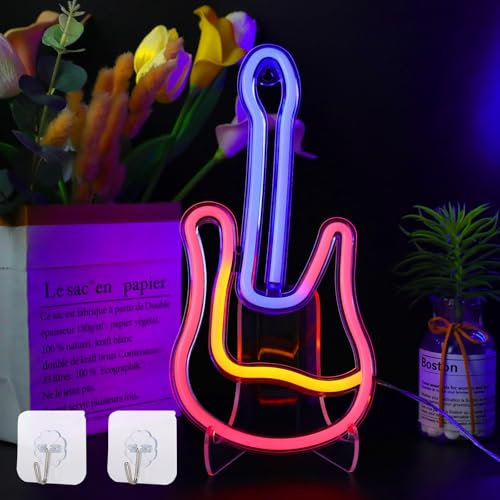 ENUOLI Guitar Neon Sign Light Guitar Neon Sign for Wall Decor Guitar Led Light up Sign with USB/Battery Powered LED Light Guitar Sign for Bedroom Decor Girls Room Music Bar Party Wedding