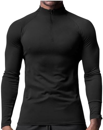 RLEHJN Men's Active Sports Shirts 1/4 Zip Sun Protection Long Sleeve Running T-Shirts Breathable Quick-Dry Pullover Slim Fit Tops Lightweight Outdoor Polos Shirts for Training and Fitness Black