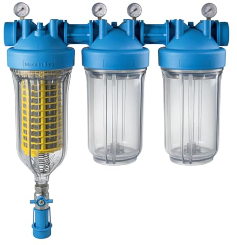 AcquaHOME® FILTRO HYDRA BIG M TRIO 11/2 BSPP - RLH 50 MCR - FILTRO PER ACQUA AUTOPULENTE A TRIPLO STADIO CON 4 MANOMETRI, CHIAVE E STAFFA - MADE IN ITALY - IDEALE PER FILTRARE ACQUA DI POZZO