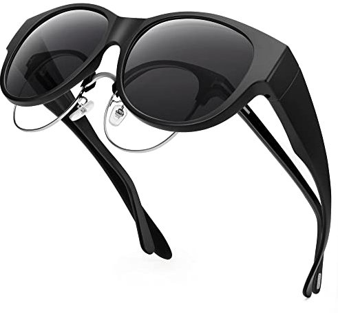 URUMQI Überzieh Sonnenbrille für Brillenträger Damen UV400 Schutz Blendschutz Polarisierte Sonnenbrille Fit over Brille Ultra Leicht Rundes Katzenauge Schwarzer Rahmen