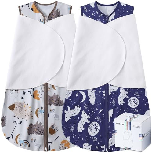 BSTOPPT Neugeborenen-Schlafsack, Baby-Wickeltuch, 3-Fach verstellbar, tragbare Decke, 100% Viskose-Baumwolle, Wickelschlafsack, TOG 0,5 (Fuchs und Dinosaurier, 0–3 Monate)