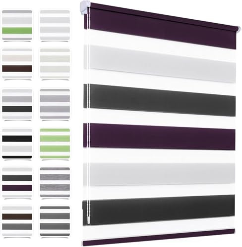 Doppelrollo klemmfix Duo Rollo ohne Bohren,100 x 130 cm(BxH) Weiß Lila Anthrazit，Rollos für Fenster und Tür,Fensterrollo Klemmrollo Seitenzugrollo Easyfix lichtdurchlässig und verdunkelnd