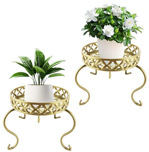 YAYODS 2 Stück Blumenständer Pflanzenständer Gold - 25cm Blumenhocker Blumentisch Metall - Pflanzenhocker Plant Stand - Blumentopf Erhöhung - Hocker für Pflanzen Dekoration Balkone Innenhöfe Garten