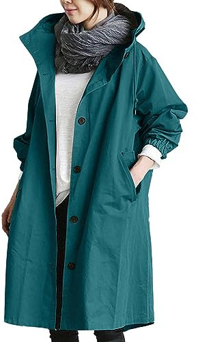 Veste de pluie légère et longue pour femme Trench à boutons de couleur unie avec capuche Coupe-vent à coupe ample Imperméable décontracté avec poches Grandes tailles S à S-5XL