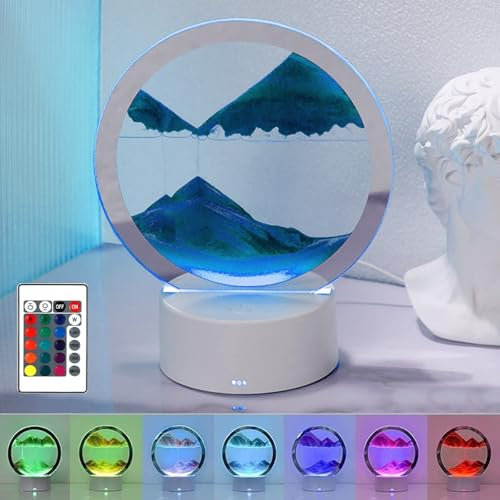 Lampe de Sable 3D, Sablier Decoratif 3D Cadre Sable Mouvant RVB à Changement de Couleur, Image de Sable Dynamique Rotatif à 360°, Peinture de Sable Qui Coule pour la Maison et le Bureau (Bleu)