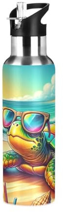 Mnsruu Borraccia da 963,9 g con tartaruga con cannuccia, con occhiali da sole, da spiaggia, in acciaio inox, per viaggi, sport, bottiglia d'acqua isolata a tenuta stagna