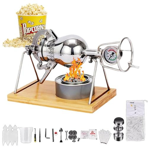 DXDXZDXLUF Chinese Popcorn Machine, High Pressure Popcorn Maker with Wooden Base, Popcorn Popper with Stainless Steel Stand, with Pressure Gauge, Pressure Relief Valve,300ml