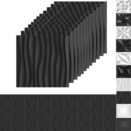 UISEBRT 3D PVC Wandpaneele 12 Stück, 50x50 cm Wandverkleidung, wasserdichte Wandplatten für Wohnzimmer, Schlafzimmer und Decke, 3D Wanddeko inkl 30m doppelseitiges Klebeband, 3m² Welle Schwarz