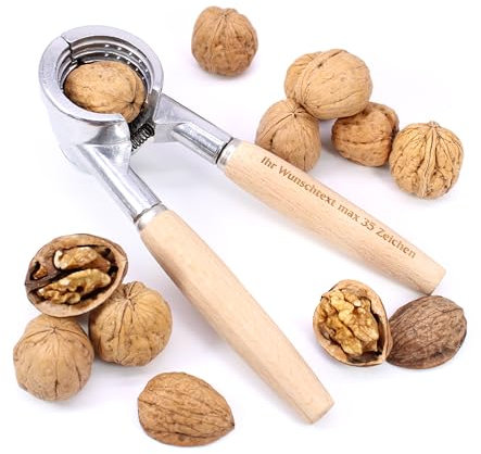 DEKOLANDO Walnuss Nussknacker aus Metall und Holz mit personalisierbarem Holzgriff – Edles Küchen-Gadget für Walnüsse, Haselnüsse & Weihnachten